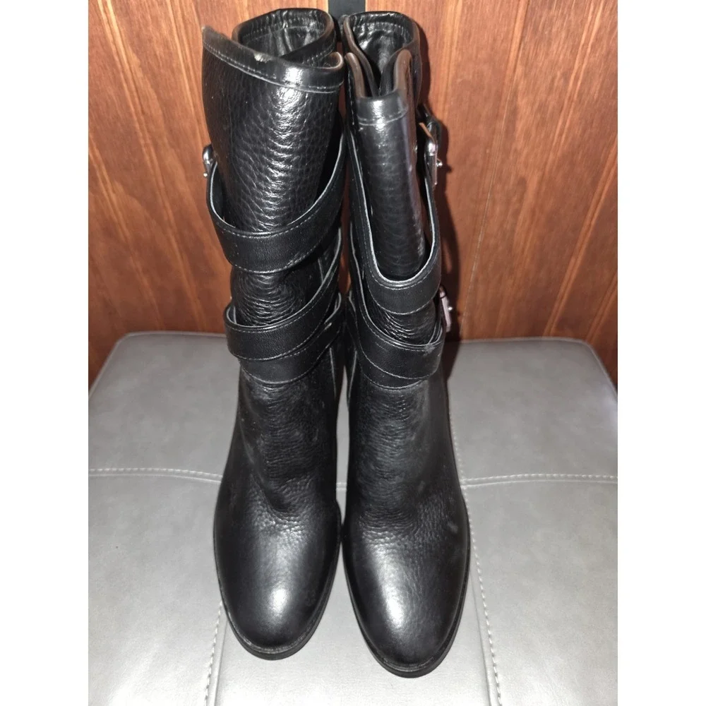 *Coach Buckle Mid Calf Boots Black Leather Size 6.5B Alexandra Chunky Heel